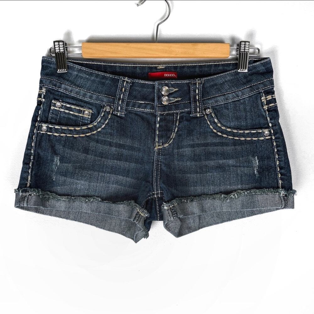 Y2K Bongo Denim Bling Blue Jean Mini Shorts 3 Distress Wash Vintage Womens